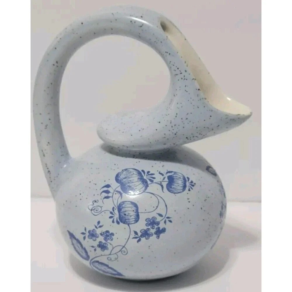 Unusual Pitcher Creamer Honey Pot Blue Speckled W Pumpkins Flowers Marked MPS 6